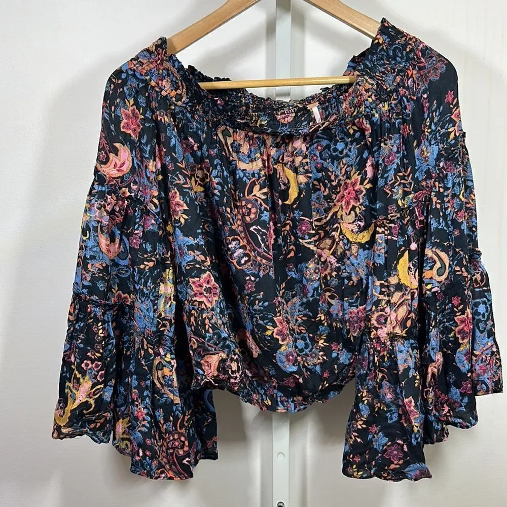 FREE PEOPLE Women’s Free Spirit Floral Printed Off Shoulder Top Blue Extra Small